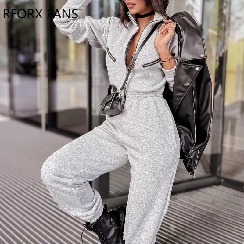 

Women Solid Zipper Turn Down Collar Elastic Waist Solid Jumpsuit Casual Jumpsuit