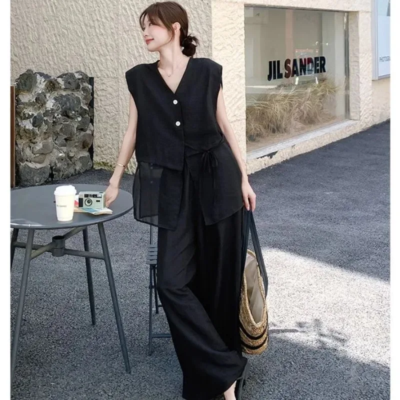 

Fashionable Mesh Splicing Black Shirt Wide-leg Pants Suit Two-piece Set for Women 2025 New Two-piece Set