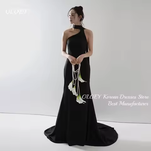 OLOEY Elegant Black One-shoulder Korean Evening Dresses Customized Sleeveless Sweep Train Party Dress Formal Celebrity Gowns