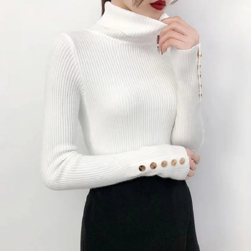 Knitted Turn-down Turtleneck Women Sweater Button Long Sleeve Pullovers Autumn Winter Basic Femme Sweaters Slim Solid Pull Tops