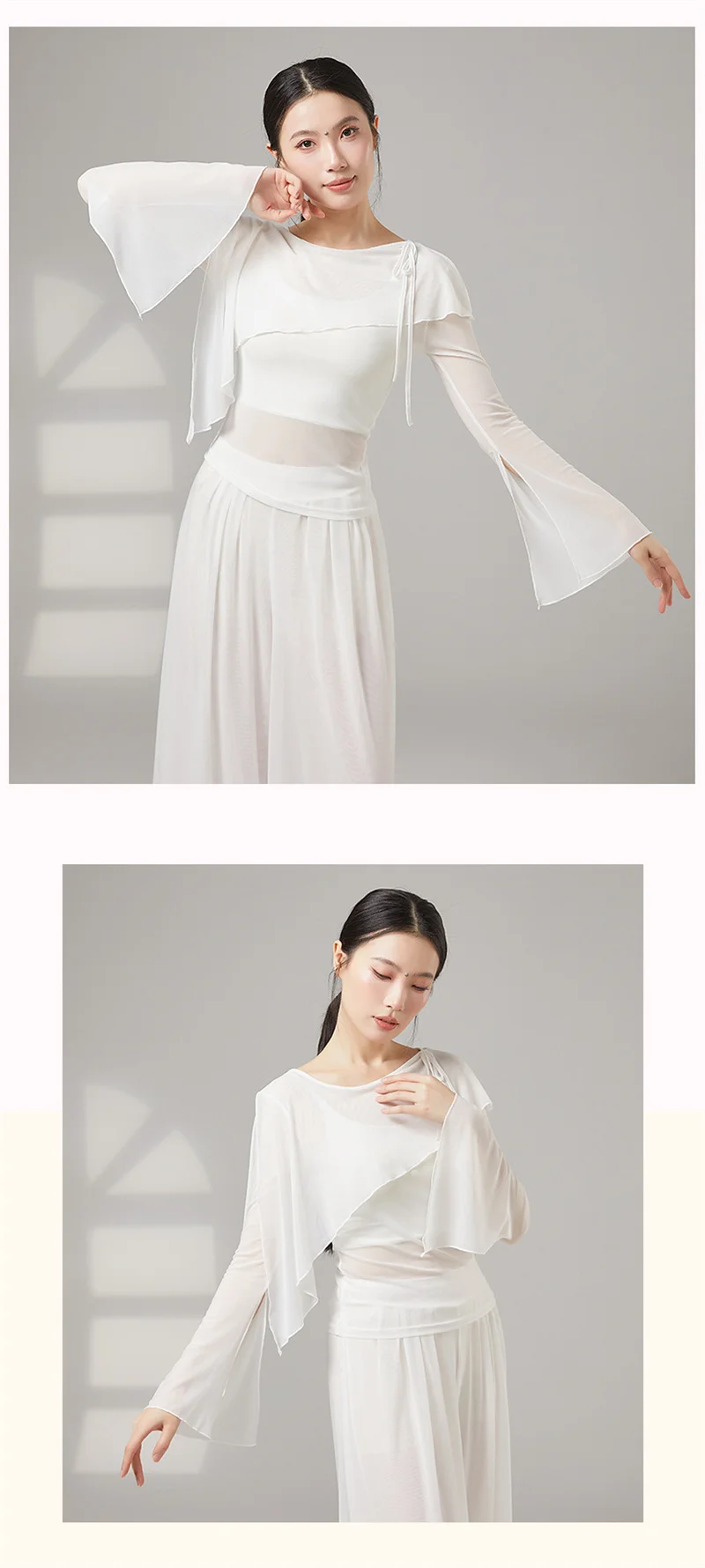 Damen Klassisches Tanz-T-Shirt mit ausgestellten langen Ärmeln, doppellagigem transparentem Netzstoff, für Erwachsene, modernes Tanz-Oberteil, lateinamerikanisches Ballett, elegantes Kostüm – Detail 2