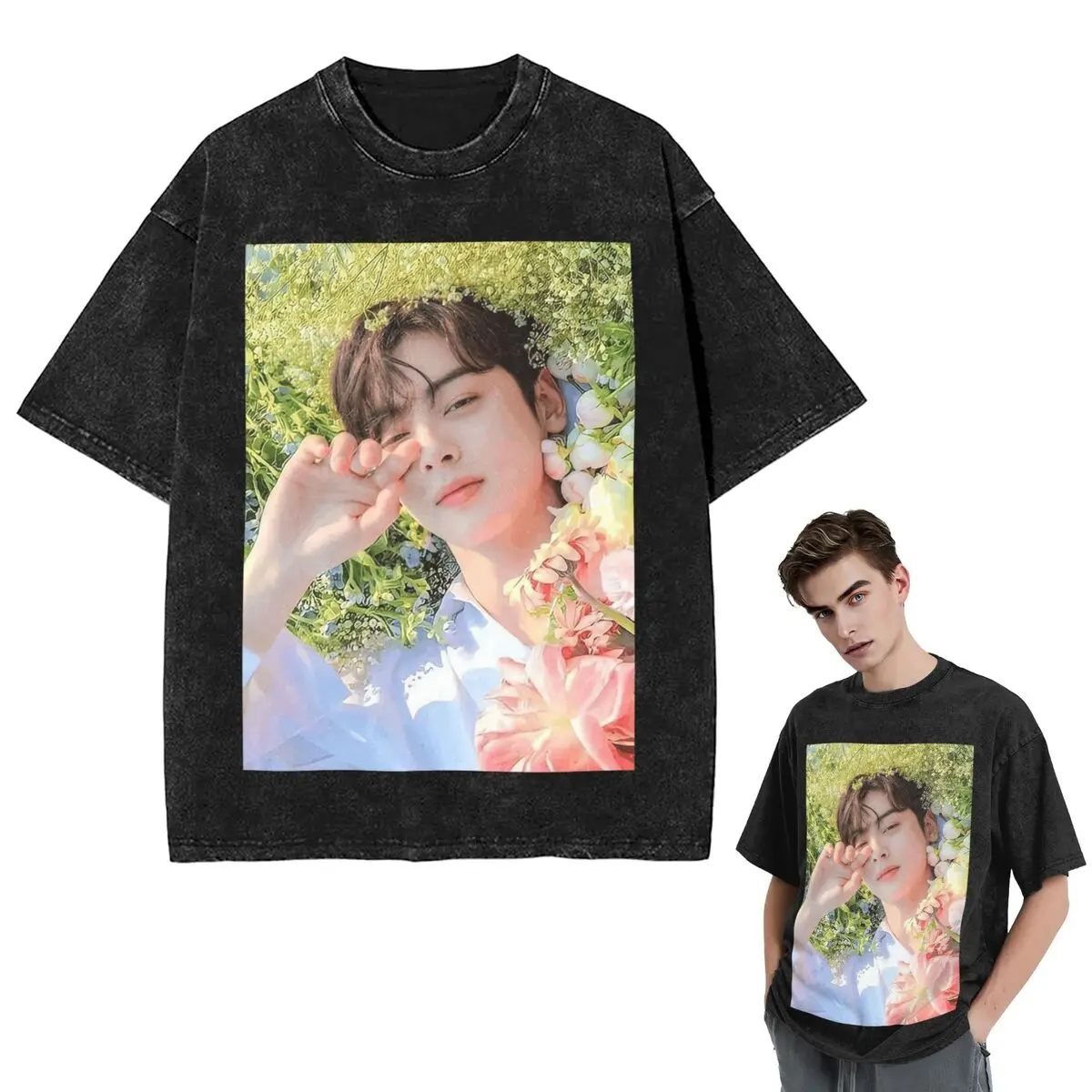 Streetwear T-Shirts Cha EunWoo Kpop Astro Washed T Shirt Short Sleeve Hip Hop T-Shirt Tops Tees for Men Women
