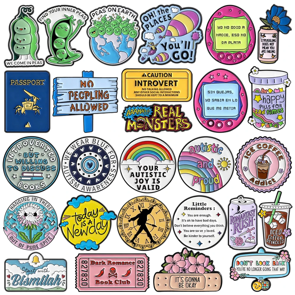 Creative Game Enamel Pins Cartoon Pea Hot Air Balloon Electronic Pet Book Bat Rainbow Letter Quotes Lapel Badges Jewelry Gifts
