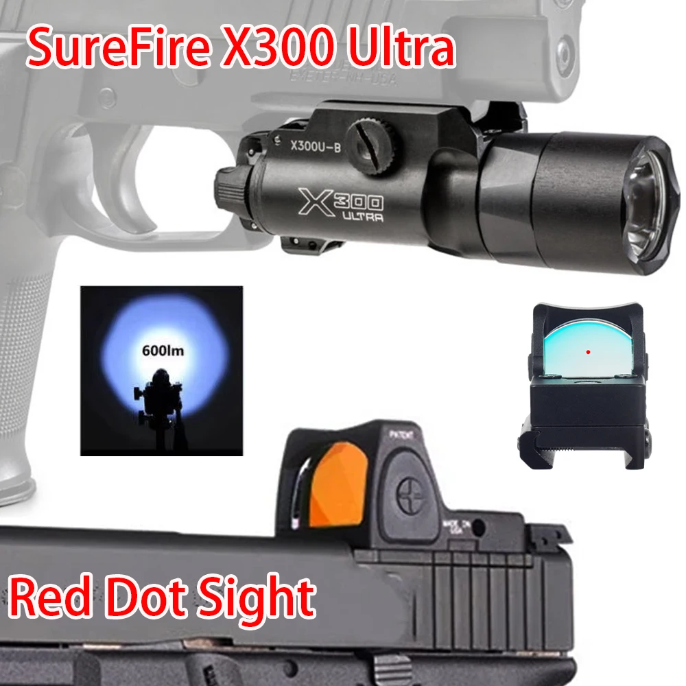 SureFire X300 Ultra Tactical Flashlight And Holographic Red Dot Sight Scope Optics Collimator Combo Fit 20mm Rail Airsoft