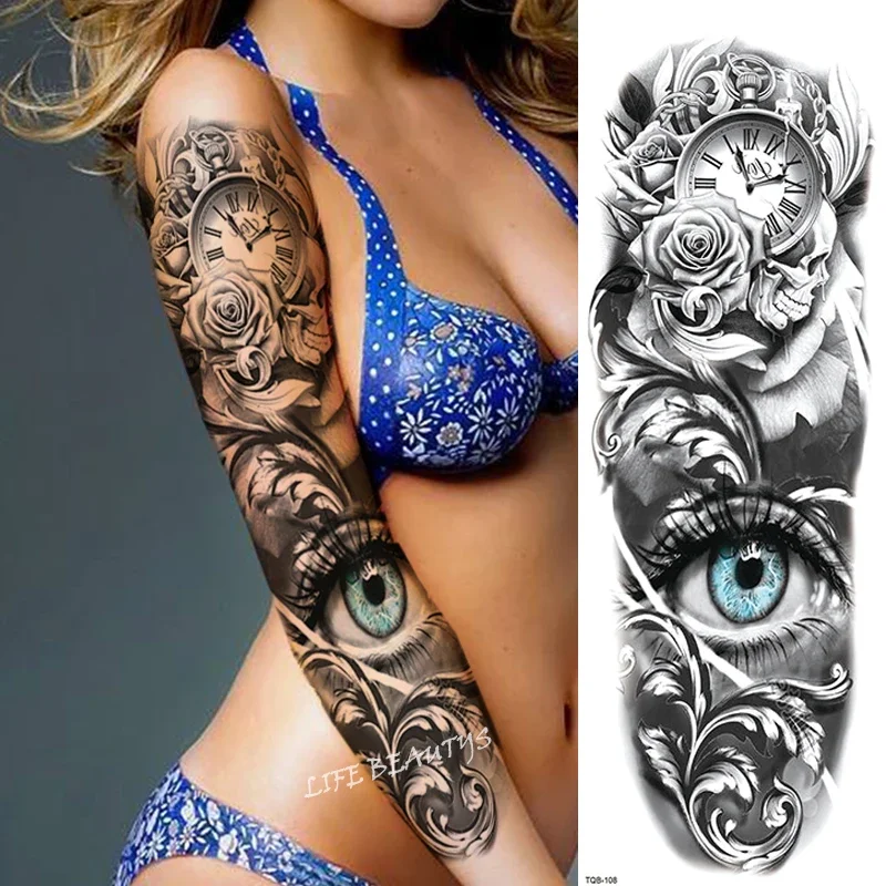 Autocollants de tatouage temporaire imperméables pour femmes et hommes, faux tatouages, art complet, grand bras