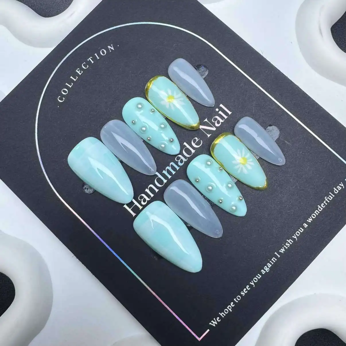 10 قطعة الصحافة اليدوية على الأظافر الأزرق اللوز ثلاثية الأبعاد اللؤلؤ ديكور الأظافر وهمية يمكن ارتداؤها انفصال التوابل فتاة الأظافر كاذبة الأوروبية