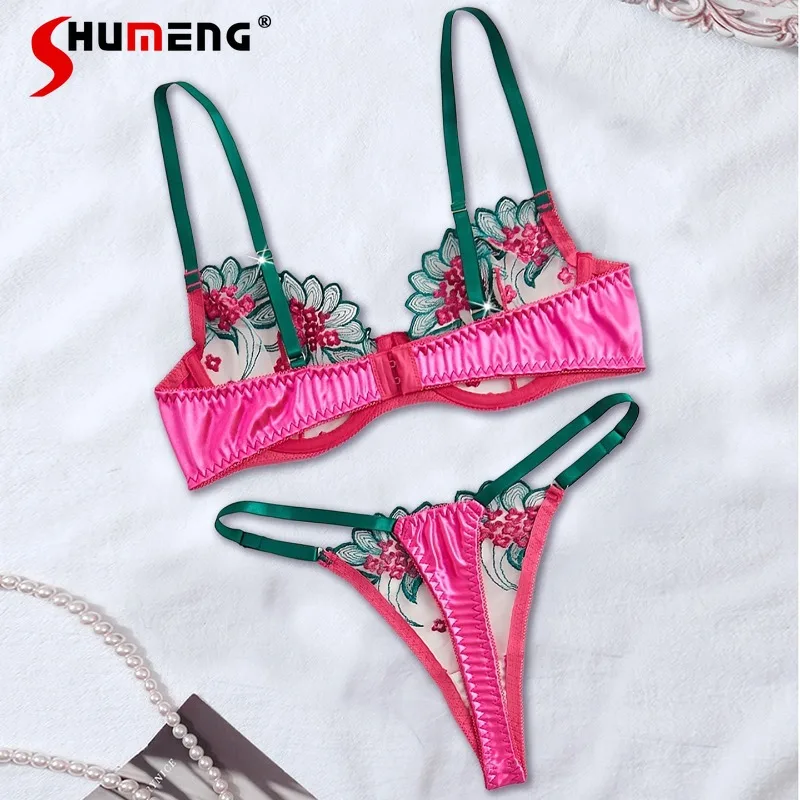 Transparent Three Point Bra Set Pure Desire Sexy Lingerie for Women Push Up Embroidered Underwear with Underwire Female
