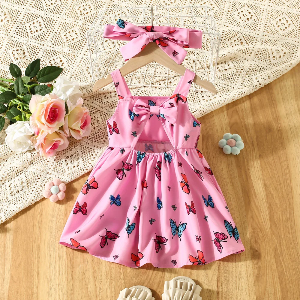 Summer Colorful Butterfly Printed Cotton Cloth Hanging Strap Baby Girl Dress Cute Bow Girl Princess Dress With Headband