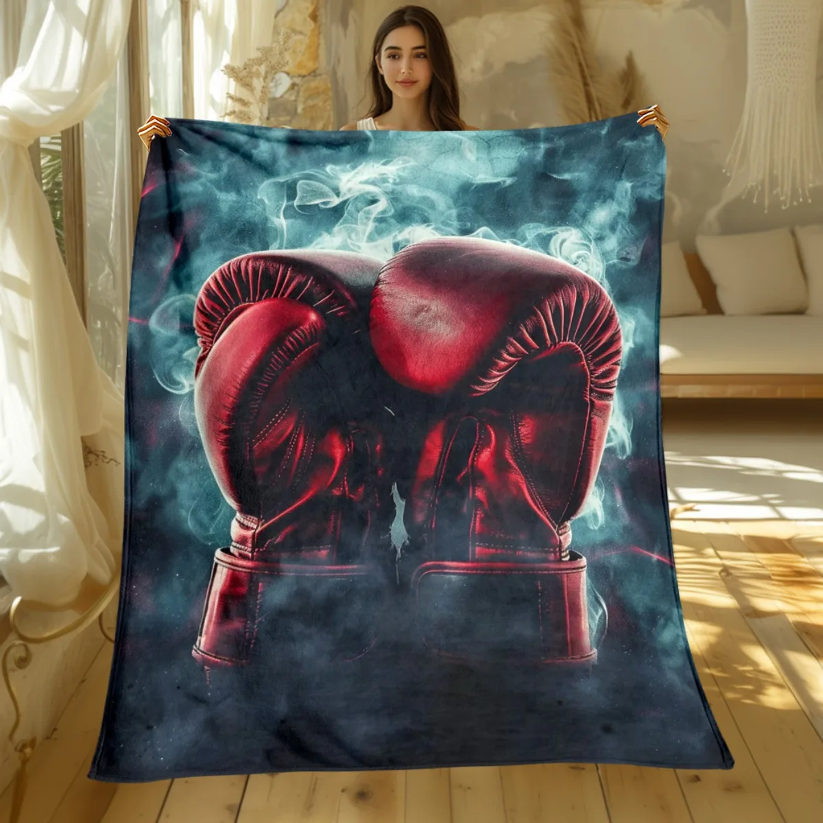 Boxing gloves sports themed fleece blanket athletic gift for gym lovers fitness enthusiasts red boxing gear design home decor