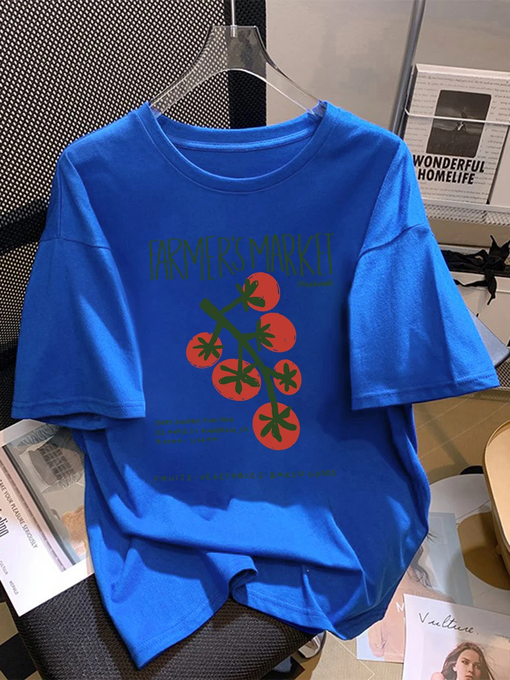 Camisetas de algodón de verano para mujer, camisetas holgadas cómodas con estampado de tomates del mercado de granjero, camisetas holgadas de manga corta con cuello redondo, ropa de calle para mujer