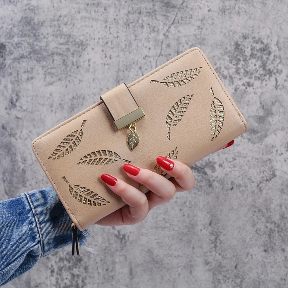 

1Pc Five Colors Optional Women's Long Clutch Cute Hollow Leaf Pattern Pendant Zipper Buckle Multiple Card Slots Phone Bag Wallet