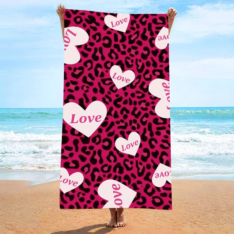 Newest Beach Towel Hot Pink Leopard Print White Love Heart Text Quick Dry Beach Towel Valentines Women Swimming Towel