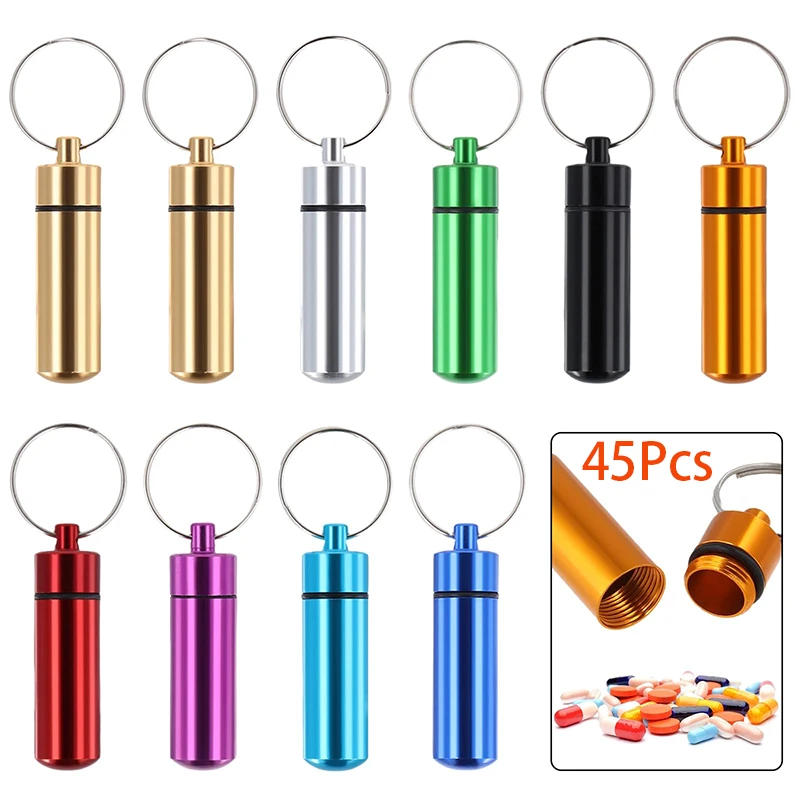 

45Pcs Pill Box Keychain Aluminium Pill Case Holder Containers Key Chain