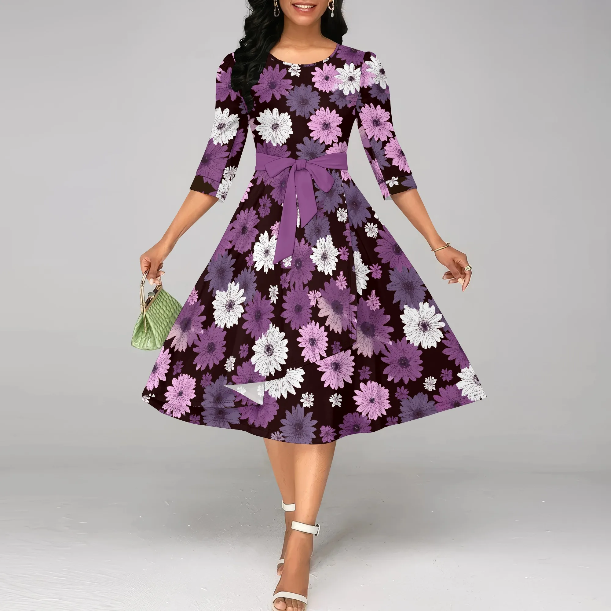 

Nupusa Purple Floral Print Dress for Women Regular Size Summer Casual Round Neck 3/4 Sleeve Belted Midi Dress