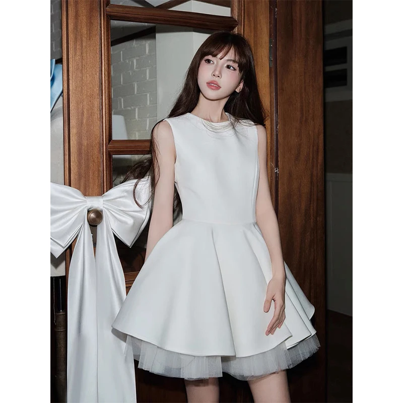 Czarna Mini Sukienka Vintage Damska Elegancka Impreza Bal Siatka Patchwork Białe Sukienki Letnie Koreańskie Bez Rękawów Obcisła Sukienka Vestidos