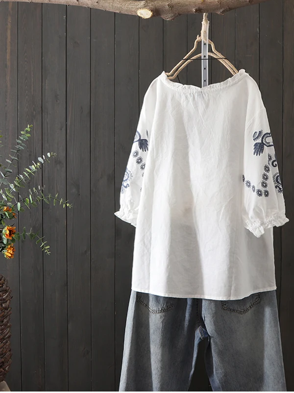 Retro étnico bordado algodão linho ort sve camiseta feminina solta plus size casual overhead irt verão wear
