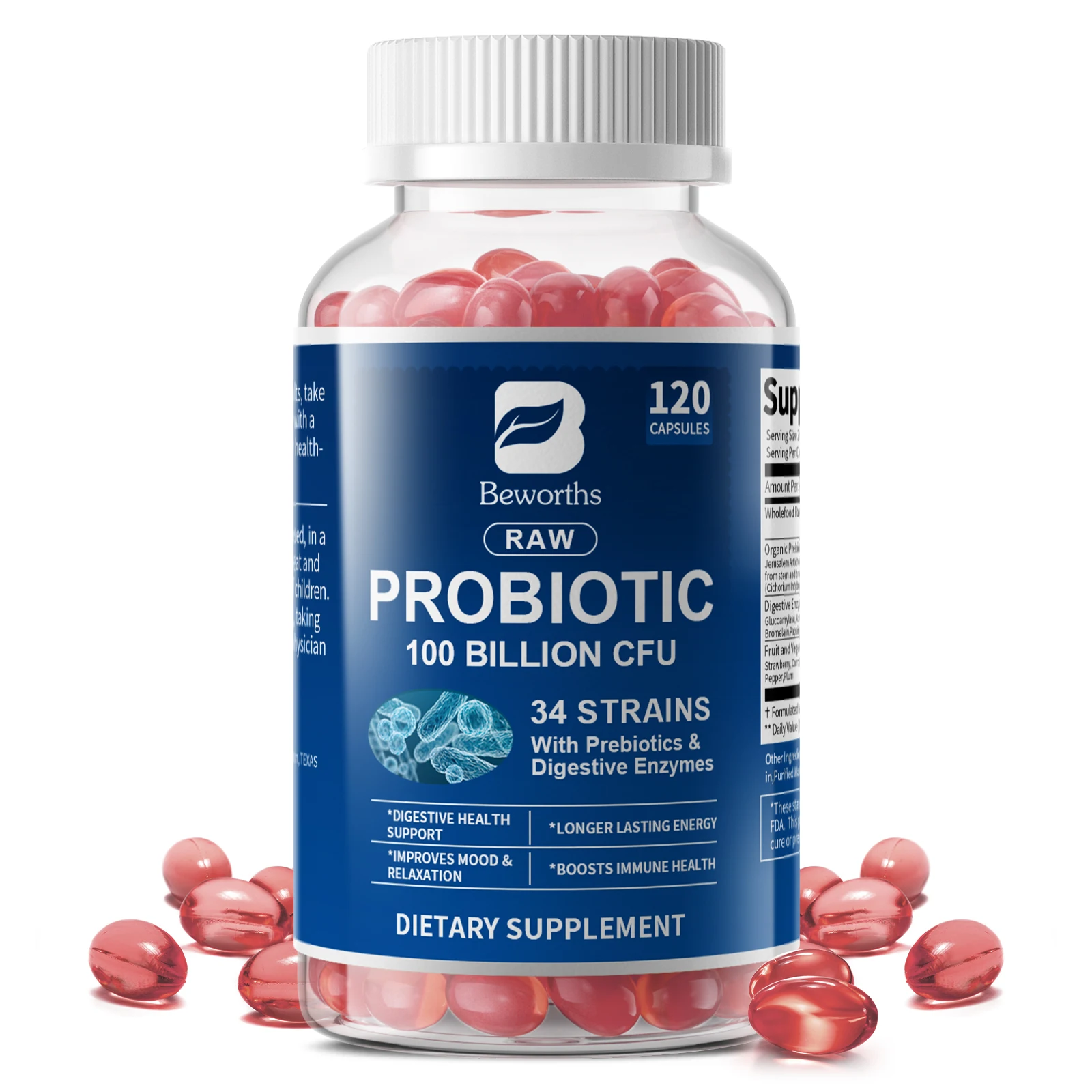 

BEWORTHS High Absorption Probiotic Capsules Adults Digestive Health Supplement Promotes Promote Digestion Reduces Bloating