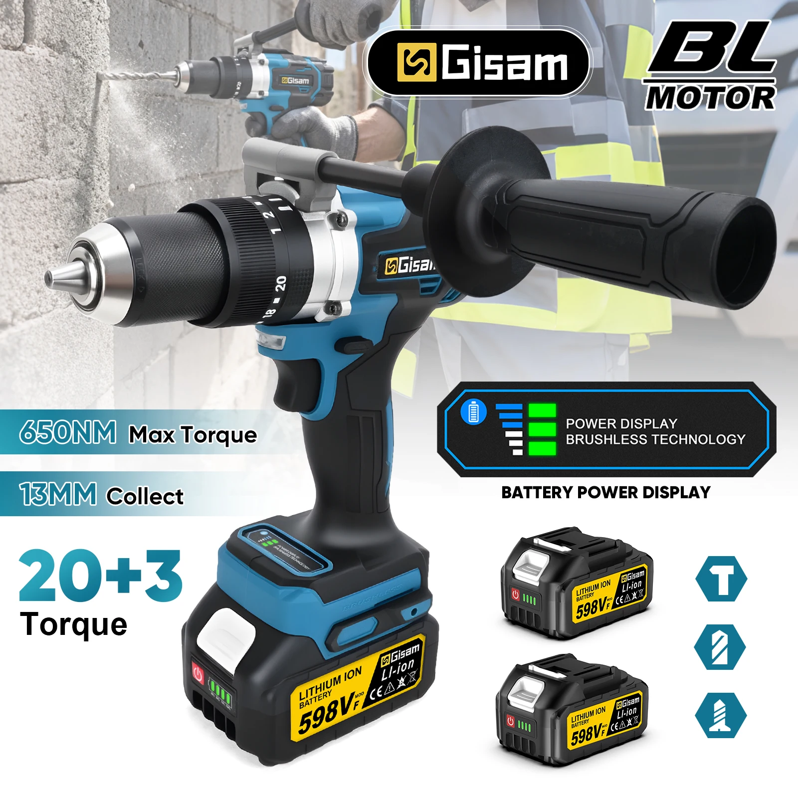Gisam bürstenloser 13-mm-Elektro-Schlagbohrschrauber, 20+3 Drehmomente, 650 Nm, Schraubendreher, Metall- und Holzschlagbohrer, Elektrowerkzeug für Makita 18-V-Akku