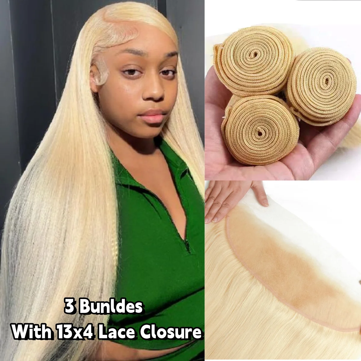 613 Human Hair Bundles With Closure Honey Blonde Cundles With Closure 3 Bundles With 13x4 Lace Closure Brazilian Remy Hair