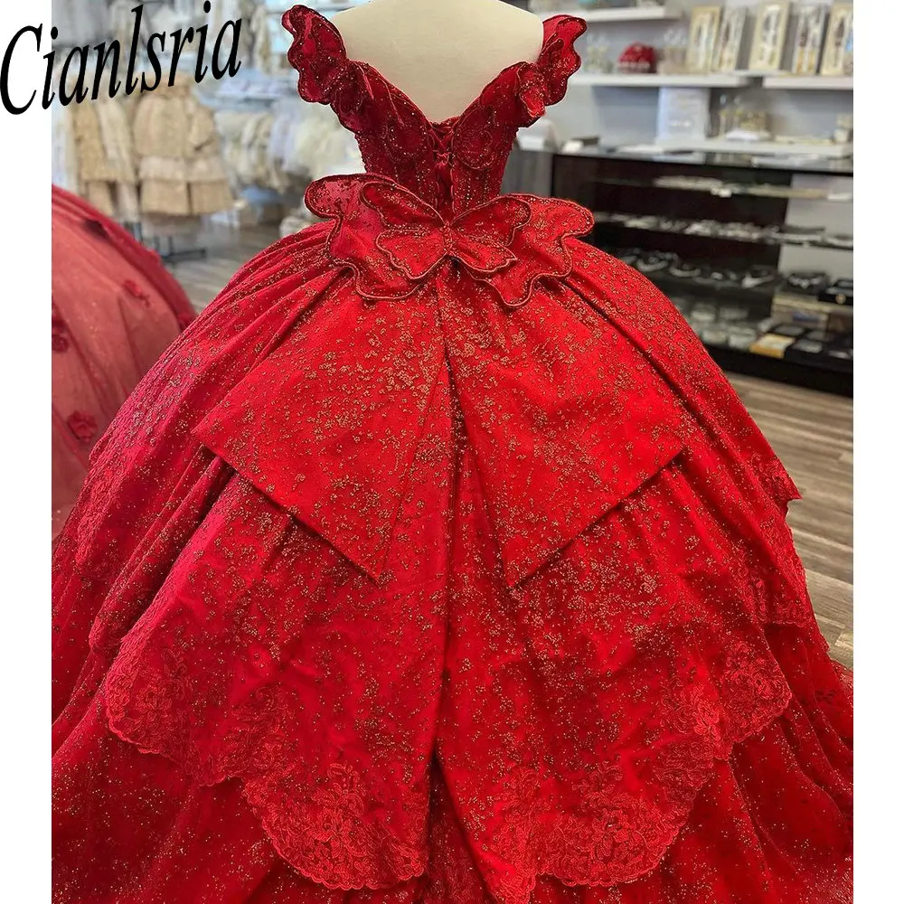 Red Glitter Crystal Sequined Beading Quinceanera Dresses Ball Gown Off The Shoulder 3D Butterfly Bow Corset Vestidos De 15 Años