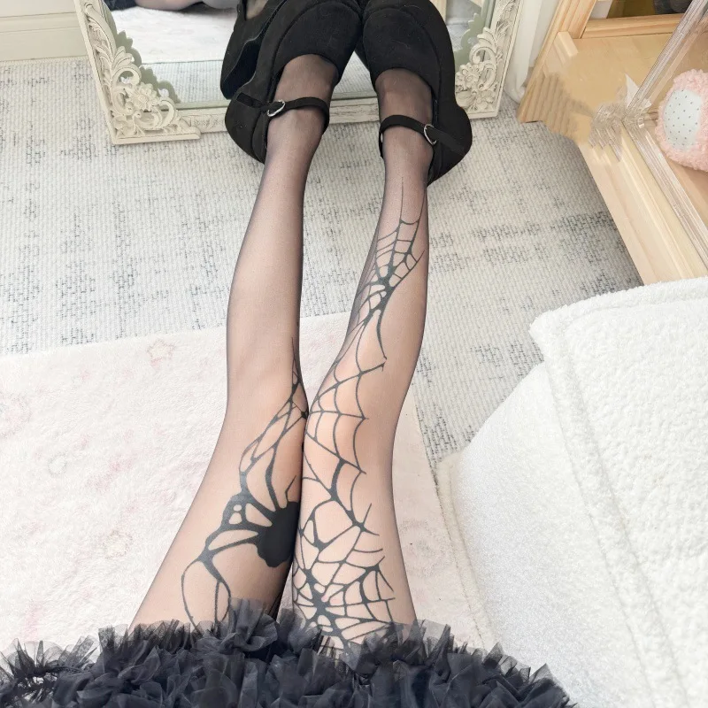 Women Thin Sheer Black Spider Web Tattoo Pantyhose Popular Halloween Cosplay Base Tights See Through Hosiery Cos Party Matching