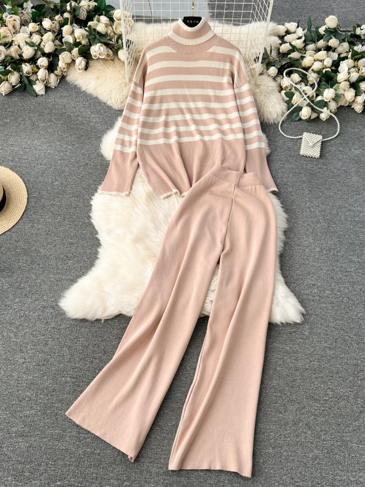 Conjunto de duas peças de moda de inverno descontraído de malha com gola alta trada calças largas combinando estilo retrô ...