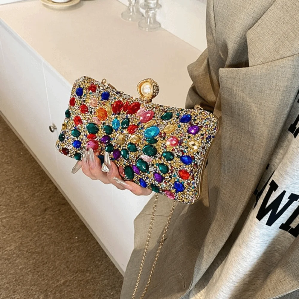 

Блестящая вечерняя банкетная сумка с блестками, блестящая красочная сумка на плечо со стразами, кошелек с кристаллами и цепочкой, сумка через плечо, свадебная сумка