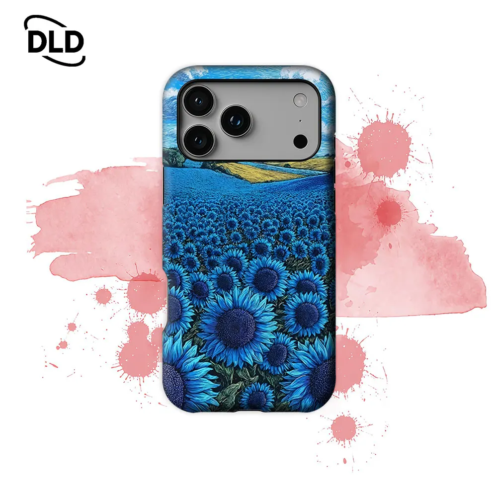Funda magnética resistente y moderna de una sola o doble capa con diseño artístico de campo de girasoles azules para iPhone 18, 17, 16, 15, 14, 13, 12, 11 Pro Max Plus