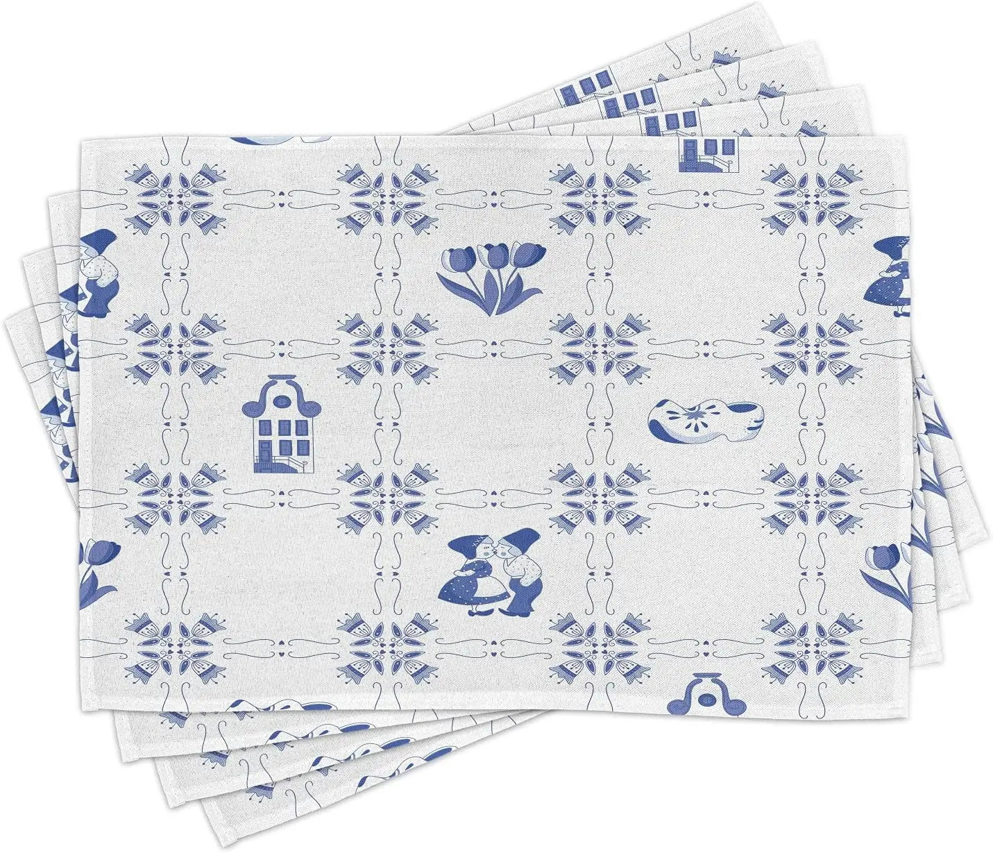 Vintage Blue Place Mats Set of 4 Dutch Cultures with Clogs Canal Houses and Tulips Washable Fabric Placemats for Dining Room