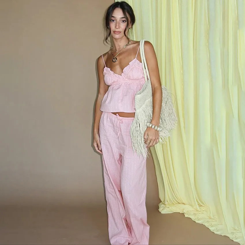 Thin V Neck Set with Full Length Long Pants European and American Style Sleeveless Spring Pajamas Outdoor Loungewear for Women