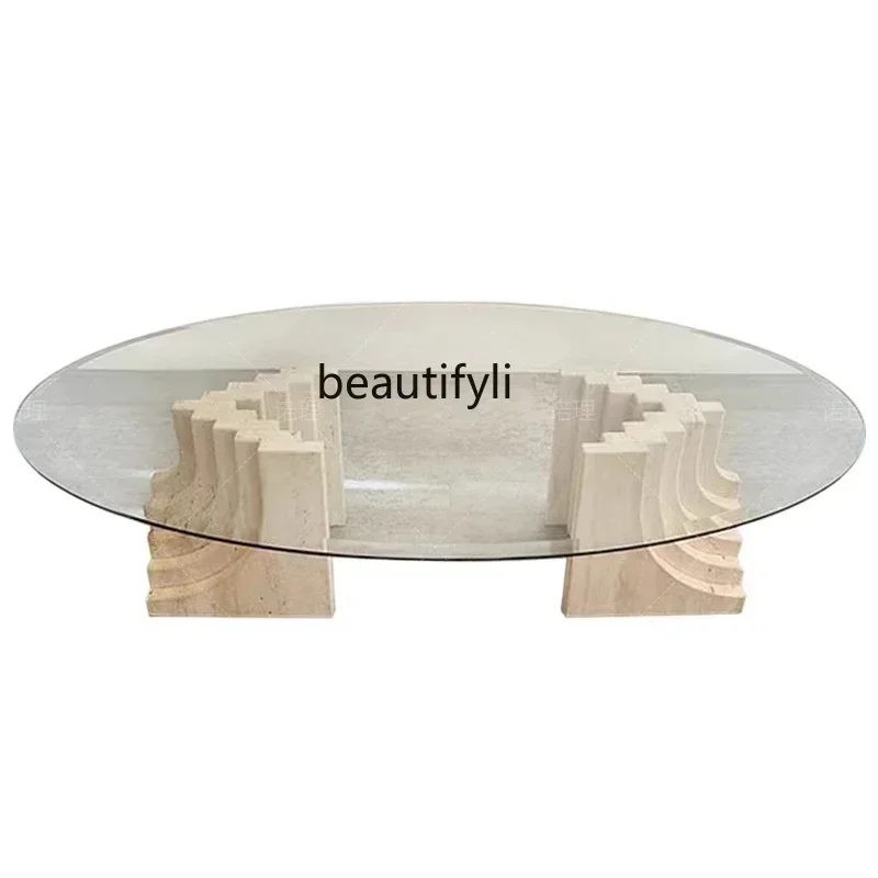 cqyNordic natural travertine coffee table oval creative tempered glass modern simple living room small apartment home