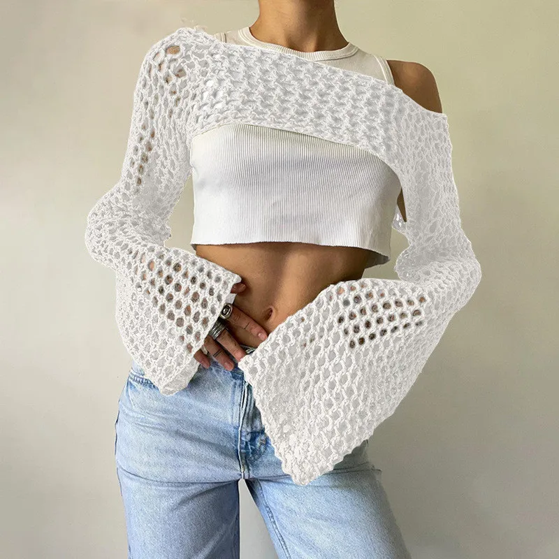 New European and American Women\'s Sexy Hollowed out Knitted Sweater with Round Neck and Long Sleeves