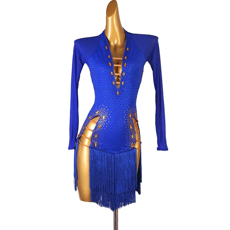 

High-end Custom Latin Dance Dress Performance Competition Suit Professional Tassel Split Skirt Hemba Cha Denim Dance Skirt