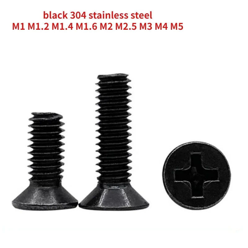 

10-100pcs M1 M1.2 M1.4 M1.6 M2 M2.5 M3 M4 M5 304 Black Stainless Steel KM Cross Countersunk Head Screw GB819 Precision Bolt