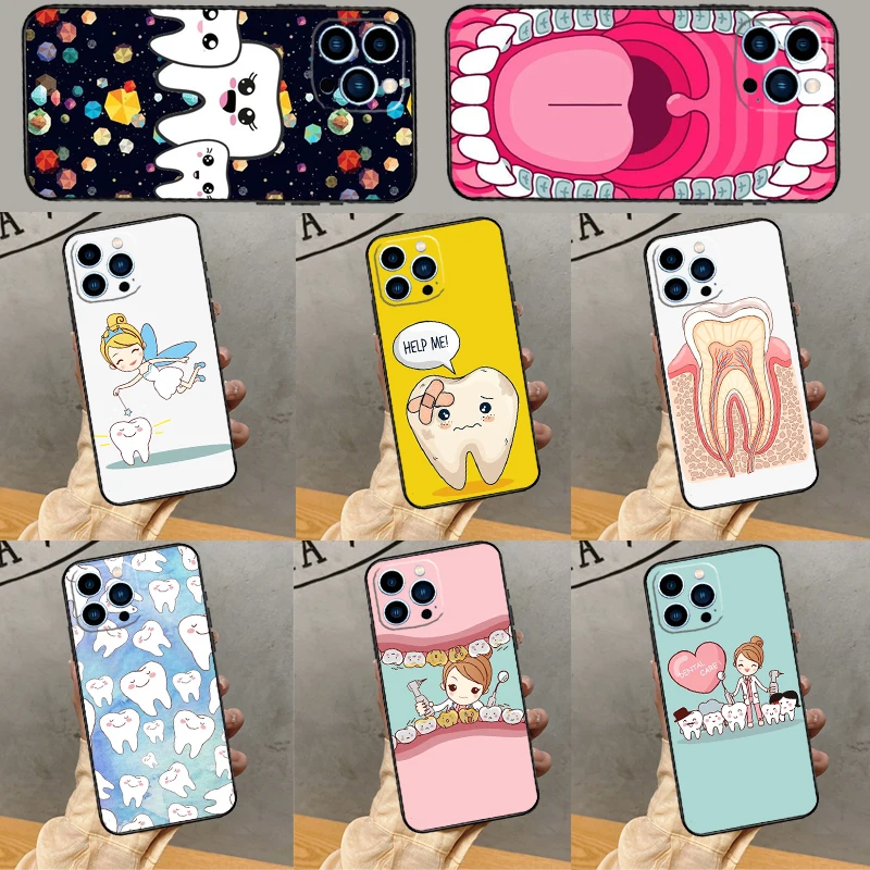 Cartoon Dentist Dental Teeth Case For iPhone 16 15 14 Pro Max 13 12 Mini 11 Pro Max X XR XS 7 8 Plus Soft Cover Funda