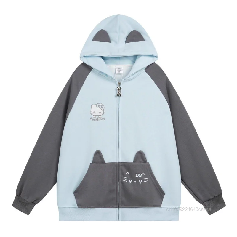 Cute Hello Kitty Cat's Ears Design Hoodie Women's Autumn Winter Academy Style Loose Zipper Coat Japanese Style Sweet Sweatshirt