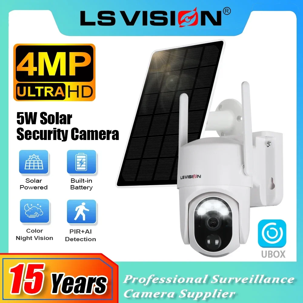 LS VISION 4MP Solar Monitor Camera Outdoor Night Vision Color Camera PIR Detection Solar Wireless Security CameraWi-Fi/4G Cam