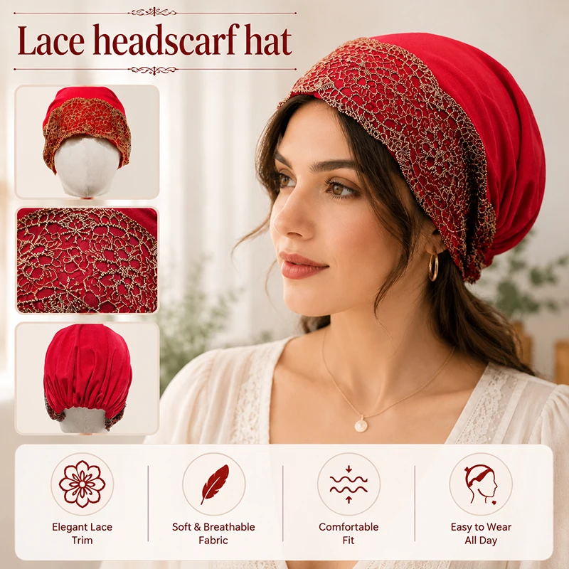 Women Lace Trim Sleep Cap Head Wrap Stretchy Breathable Turban Hat Elegant Night Bonnet Daily Hair Care Headscarf