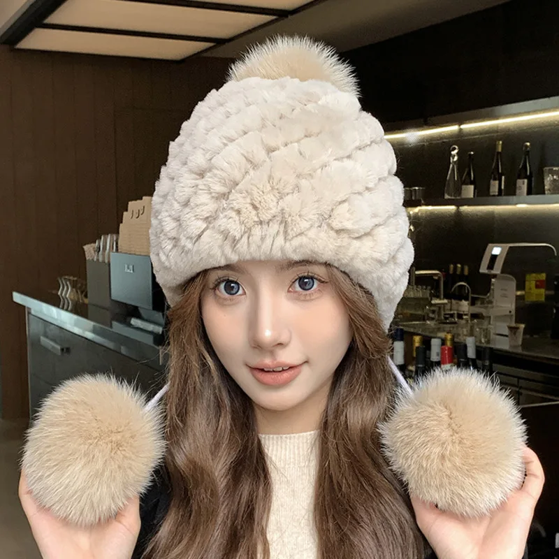 Rex Rabbit Fur Hat Ear Protection Hat With Fox Fur Ball winter Outdoor Riding Hat Warm Knitted Hat Russians Women Real Fur Cap s