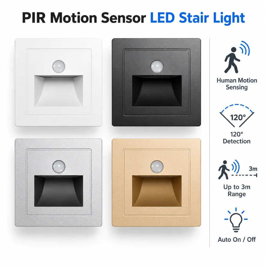 1-2Pcs PIR Motion Sensor Recessed Step Lamp AC110-220V LED Stair Light 3m Range Auto On/Off Wall Foot Light for Hallway Stair