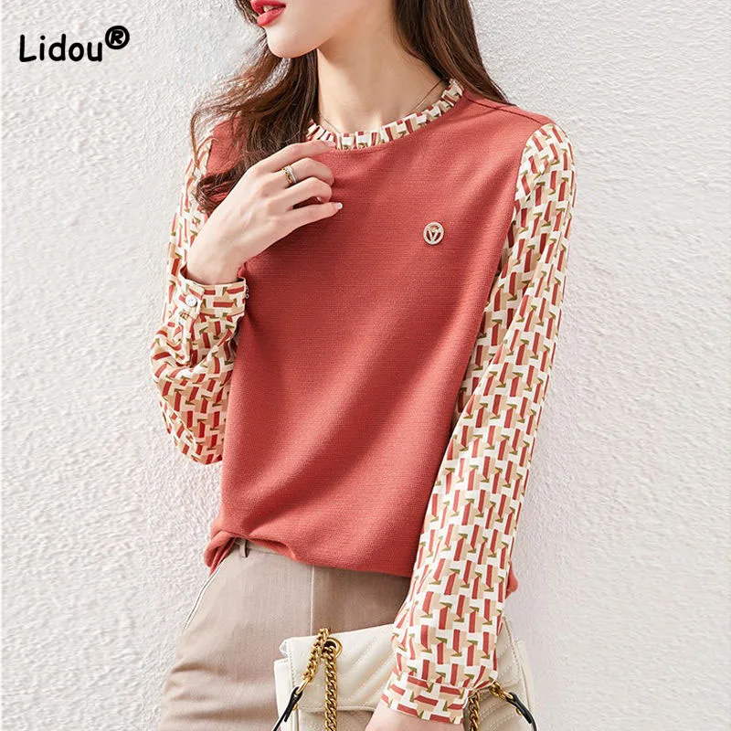 

Spring Autumn Elegant All-match Printed Spliced Fake Two Pieces Tops 2023 Women's Clothing Casual Round Neck T-shirt For Female