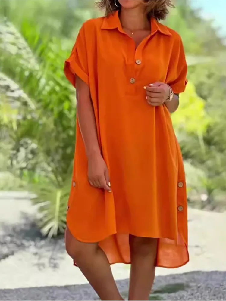 

Casual Loose Short Sleeve Dress Office Lady Spring Summer Fashion Turn Down Collar Solid Dresses For Women 2024 Female Robe