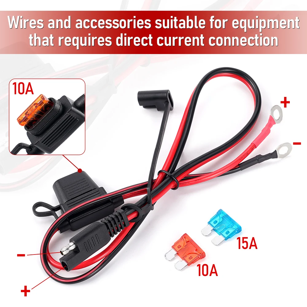 16AWG 2-pin Quick Release SAE Cable With Fuse Tin-Plated O-Terminal Connector Battery Charger Extension Cord Adapter Wire