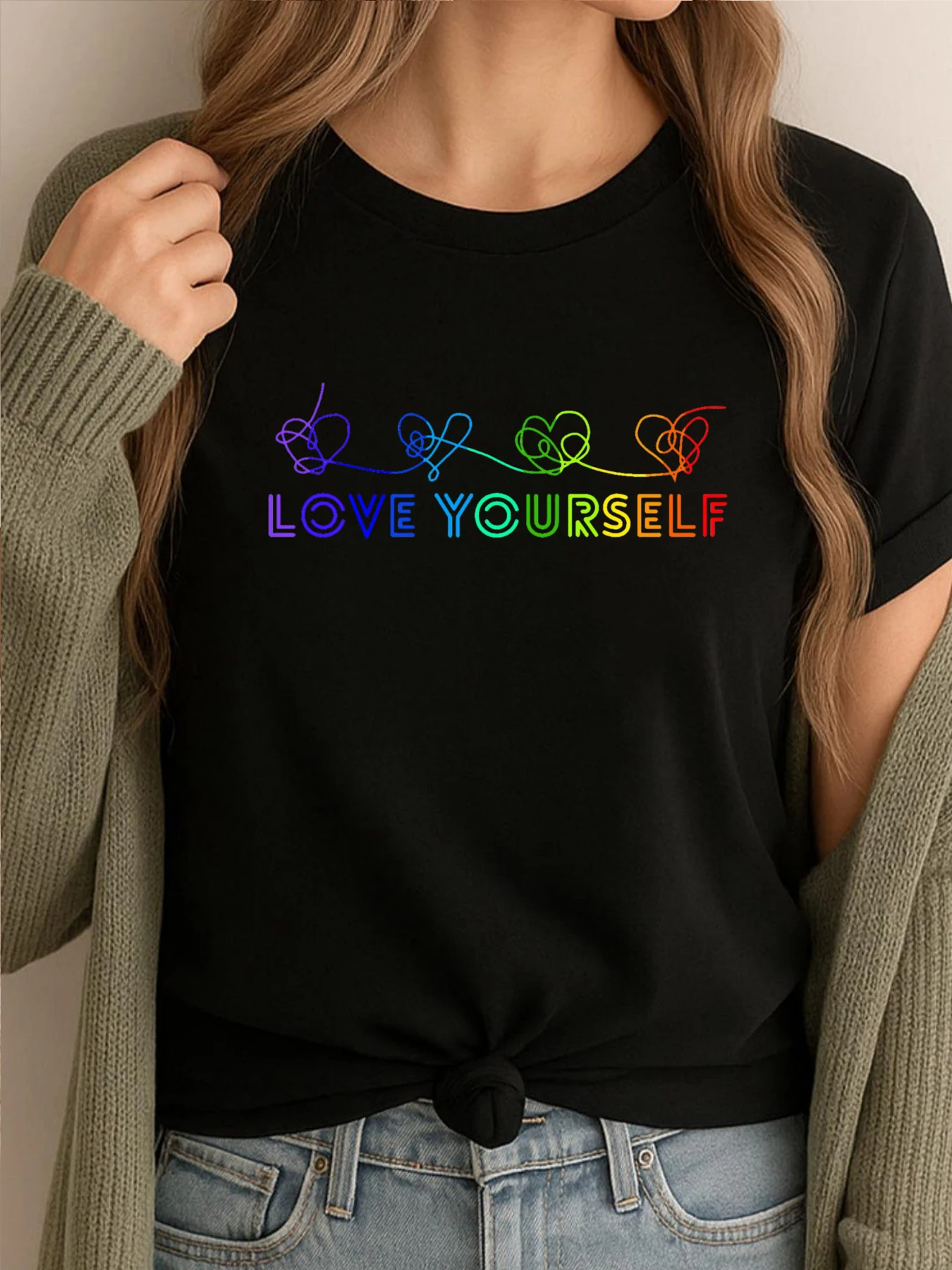 

Брендовая одежда Love Yourself Tear Rainbow, зимние винтажные футболки, мужская удобная одежда высокого качества с принтом