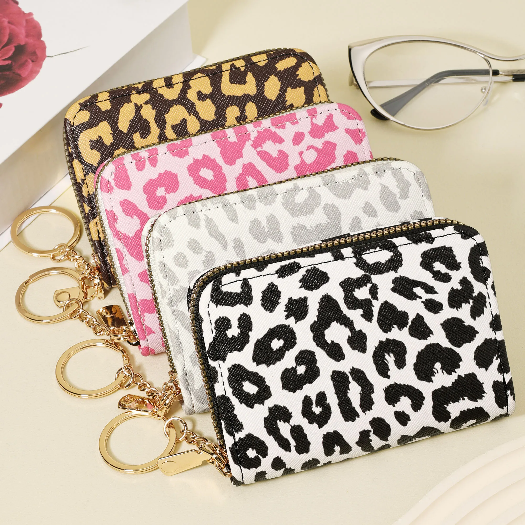 New Leopard Print Fashion Women's Credit Card Wallet, With a Chain Keychain Zipper Coin Wallet, Women's Zipper Cover