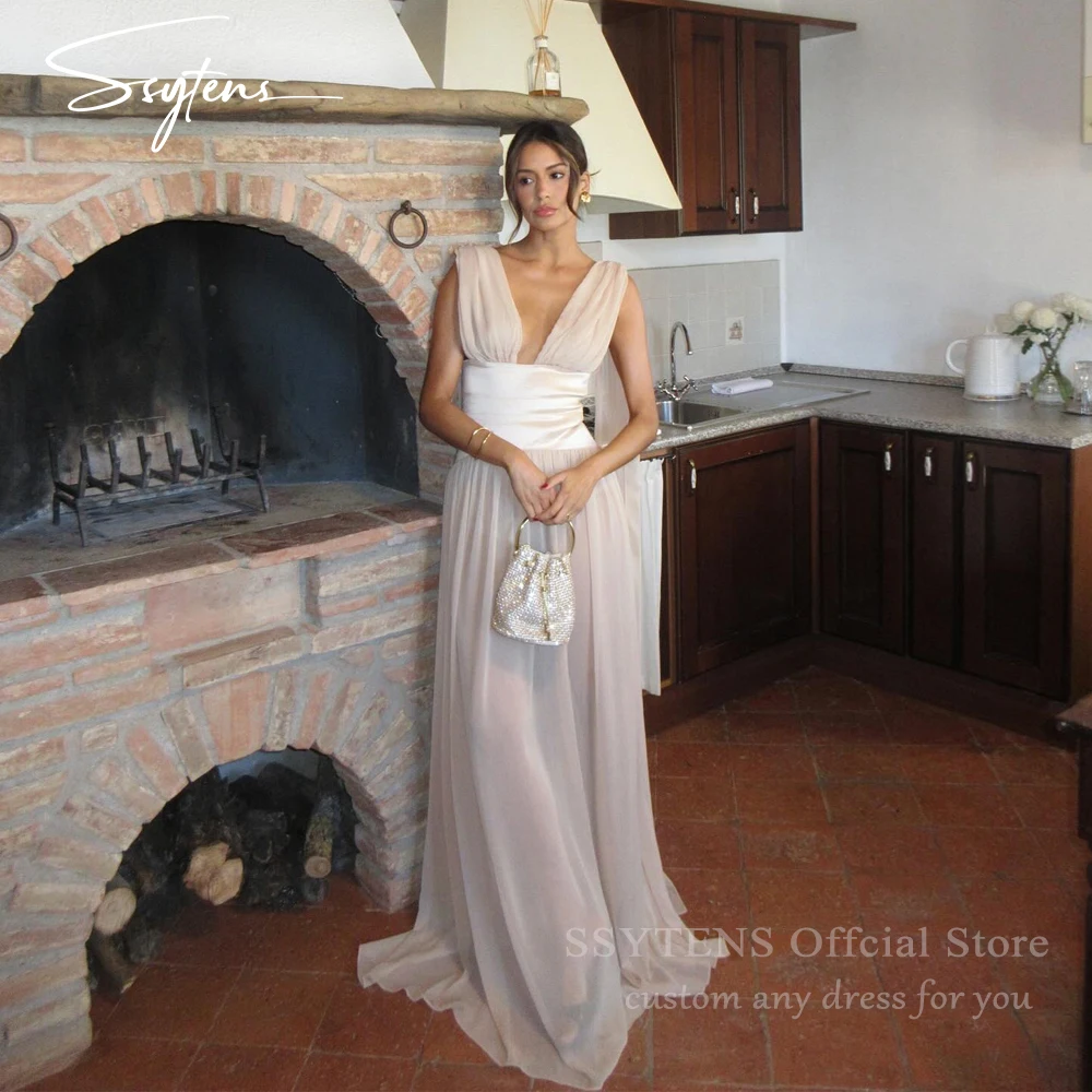 

SSYTENS Elegant Celebrity Prom Dresses Chiffon Deep V Neck Beach Vestidos Para Eventos Especiales Sexy Evening Dresse Customized