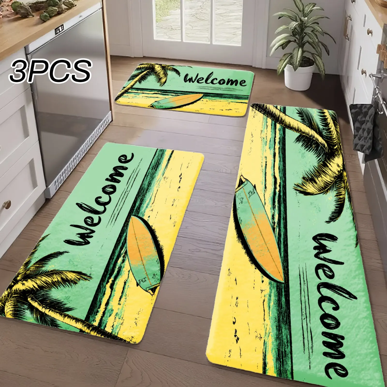 3PCS Kitchen Rugs,Home Decoration for Front Door, Kitchen, Bathroom, Welcome Palm Tree Beach Surfboard Pattern Dining Mat
