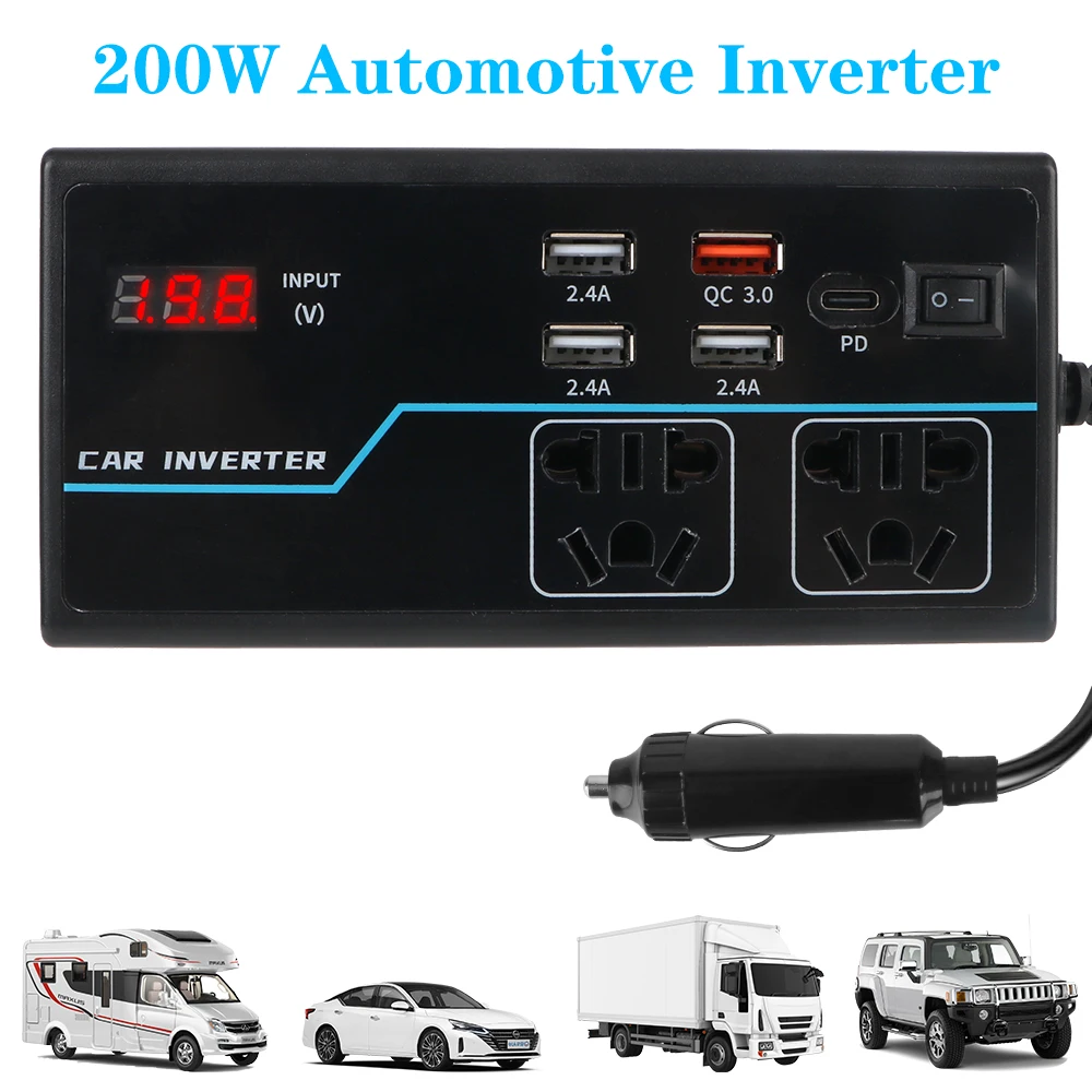 8 Ports Sockets USB/PD/Type-C Chargers DC 12V/24V to AC 110V/220V Converter Power Adapter 200W Overload Protection Car Inverter