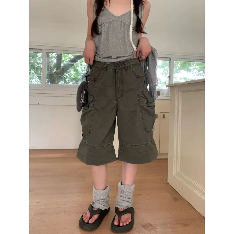 

American Vintage Street Straight Loose Wide Leg Denim Cargo Shorts Women Washed Distressed With Utility Pockets Plus Size Trendy
