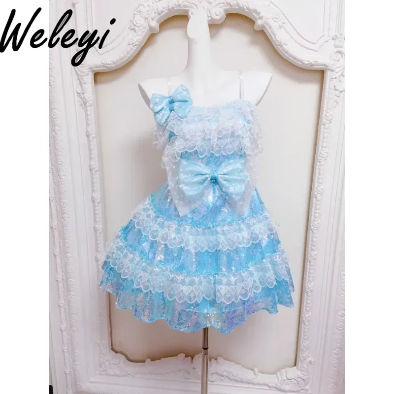 

French Style Bow Lolita Dress Womens 2024 Summer Fashion Ruffled Rhinestone Dreamy Sweet Layer Cake Type A Line Princess Dresses